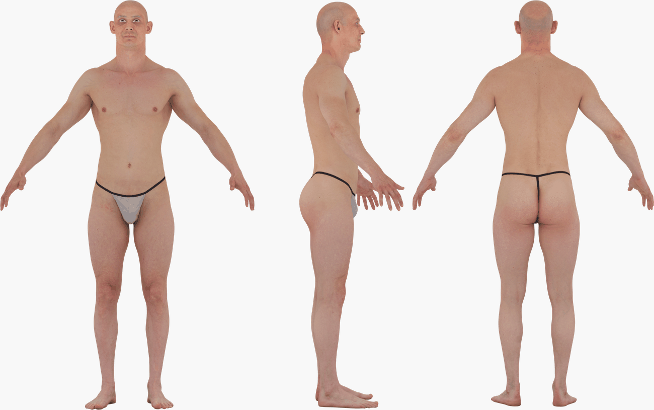 PBR texture map set for a lean male 3D body scan including Albedo, Normals, Specular, Metalness, and Diffuse channels at 16K